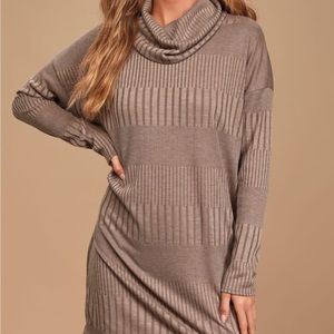 Coffee Brown Ribbed Long Sleeve Cowl Neck Dress (Small)